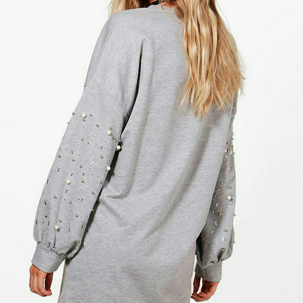 Grey sweatshirt dress pearls embellished bell - Picture 1 of 7